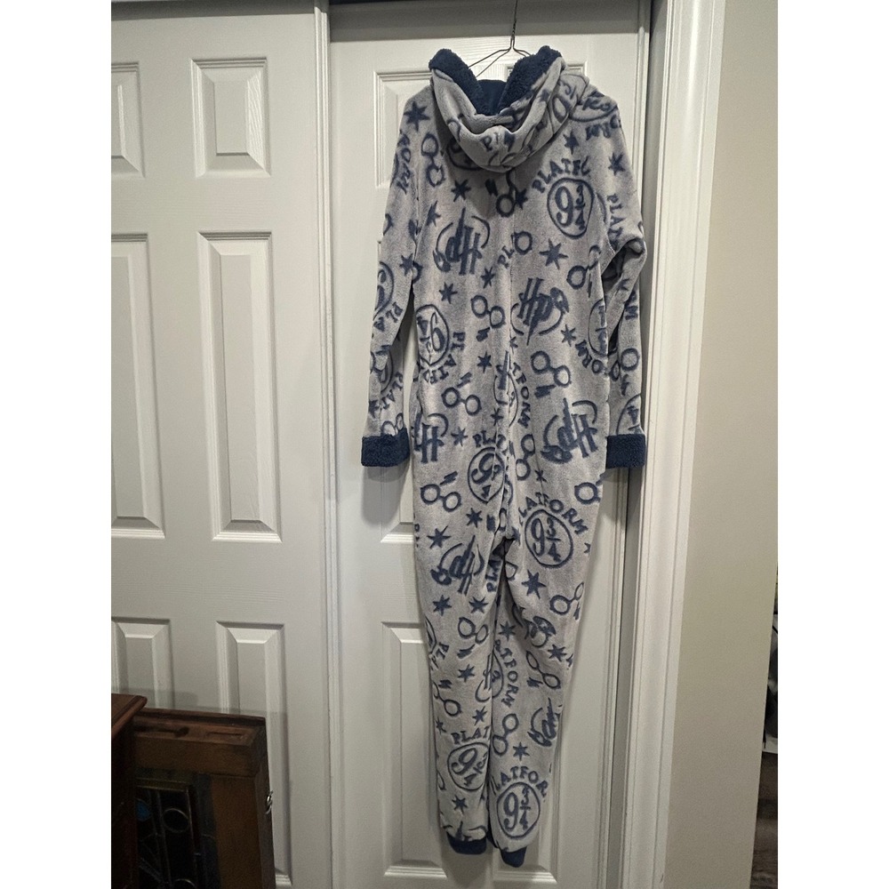 Harry Potter Hogwarts Fleece Union Suit Pajamas Blue Grey Medium One Piece Zip - Picture 2 of 5
